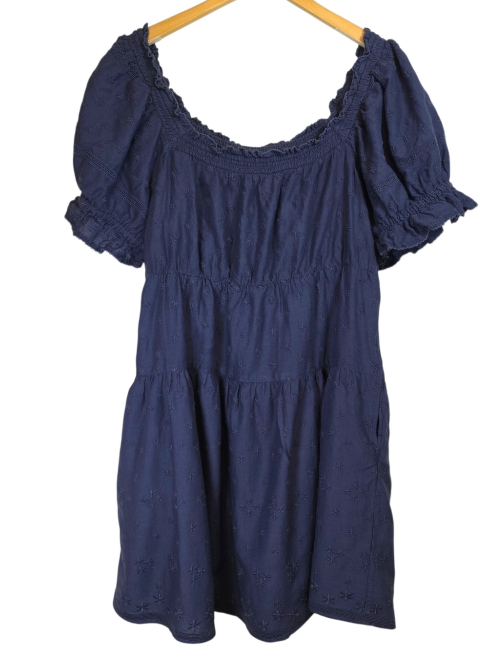 Old Navy Tiered Embroidered Smock Dress Sz L Cottagecore Milkmade Western Navy